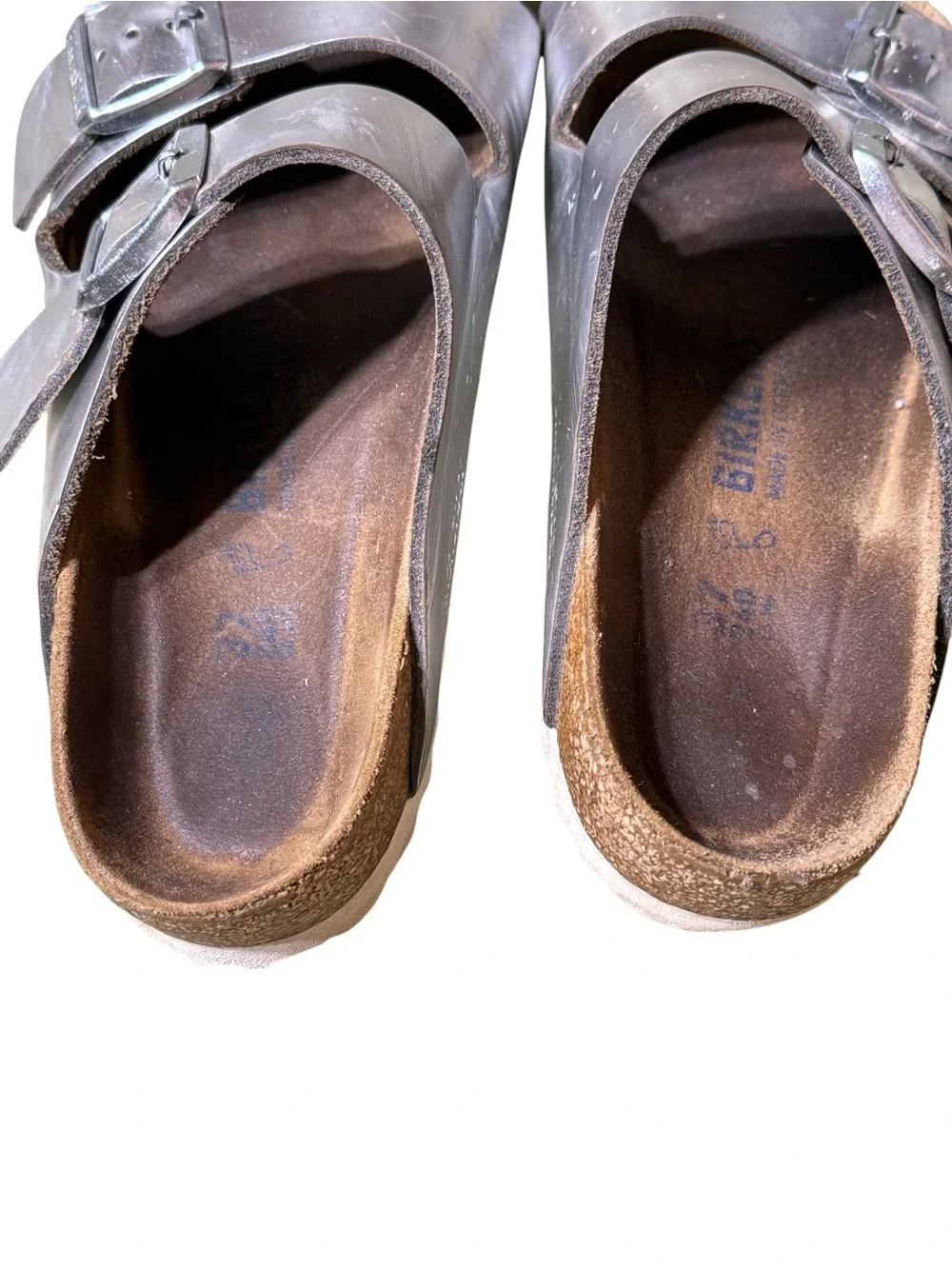 Birkenstock Arizona Silver Metallic Leather Double Strap Sandals Women 37